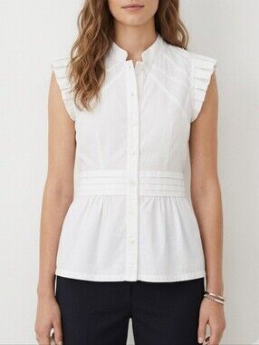 Vintage Plains & Prints White Cotton Blend Button-Up Collarless Blouse